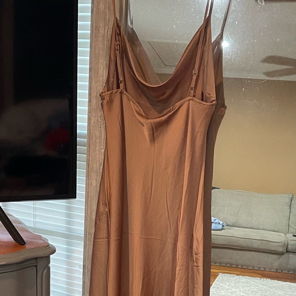 Tan Sleeveless Cowl Neck Slip Midi Dress